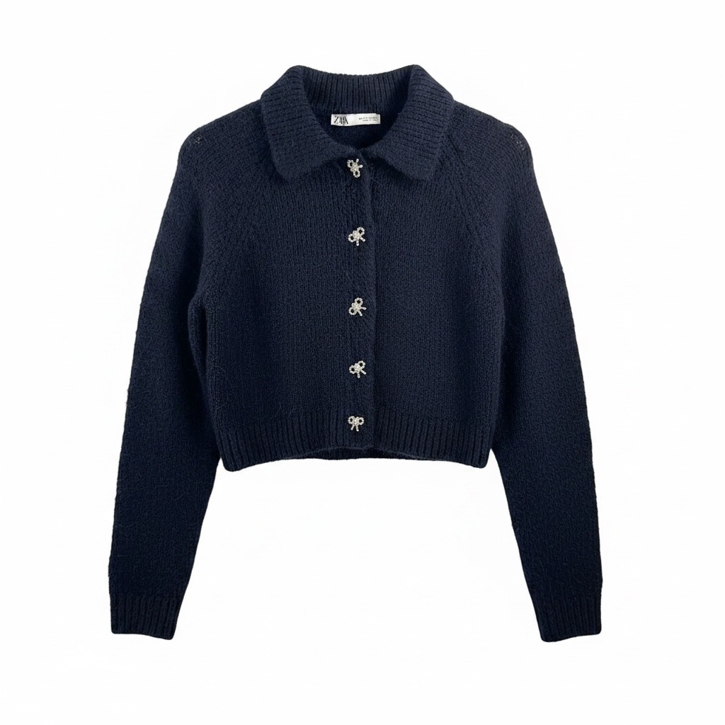 Zara Cropped Cardigan Sz S Navy Rhinestone Bow Button Fuzzy Knit Preppy Money